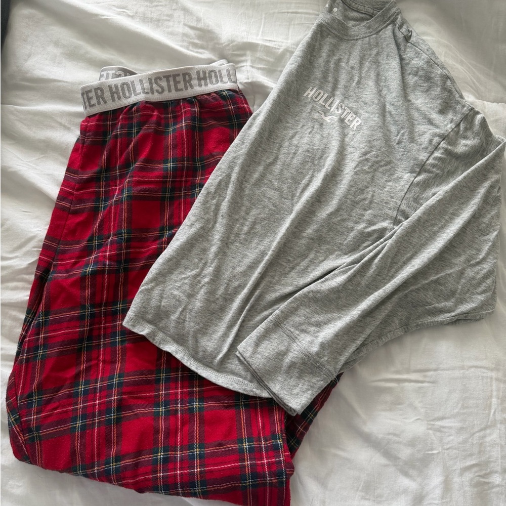 Hollister long sleeve grey shirt & red plaid pants pajama set size large